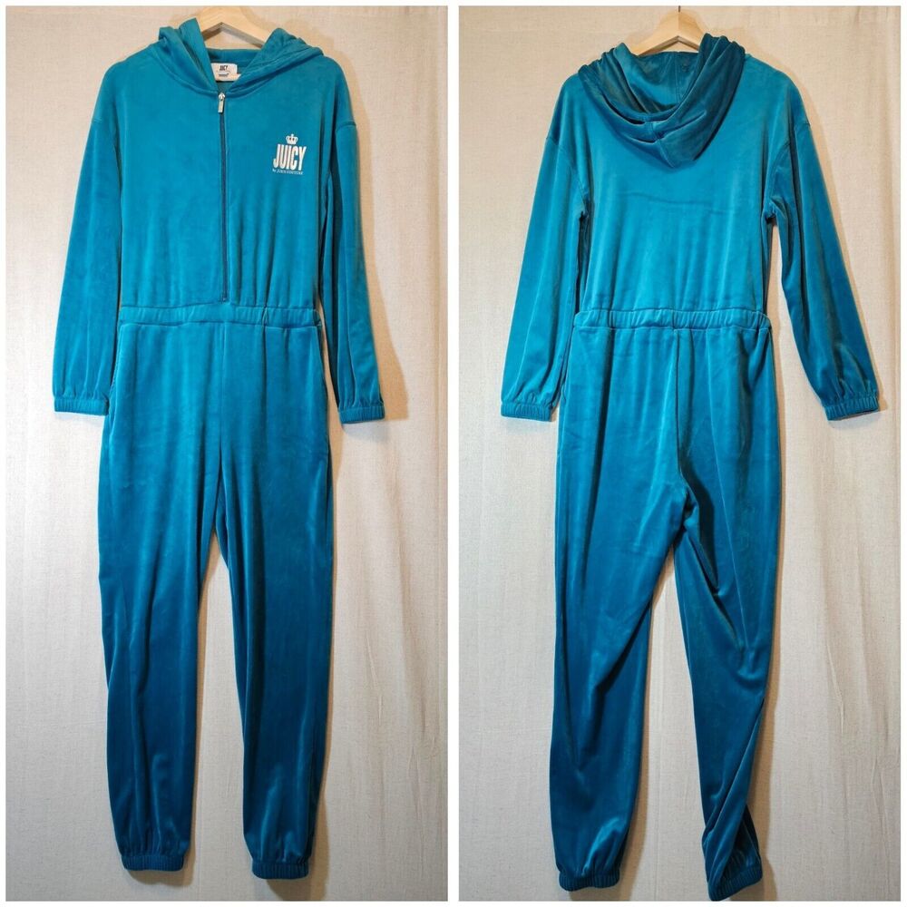Juicy Couture Turquoise Teal VELOUR LOUNGEWEAR Hooded JUMPSUIT Medium